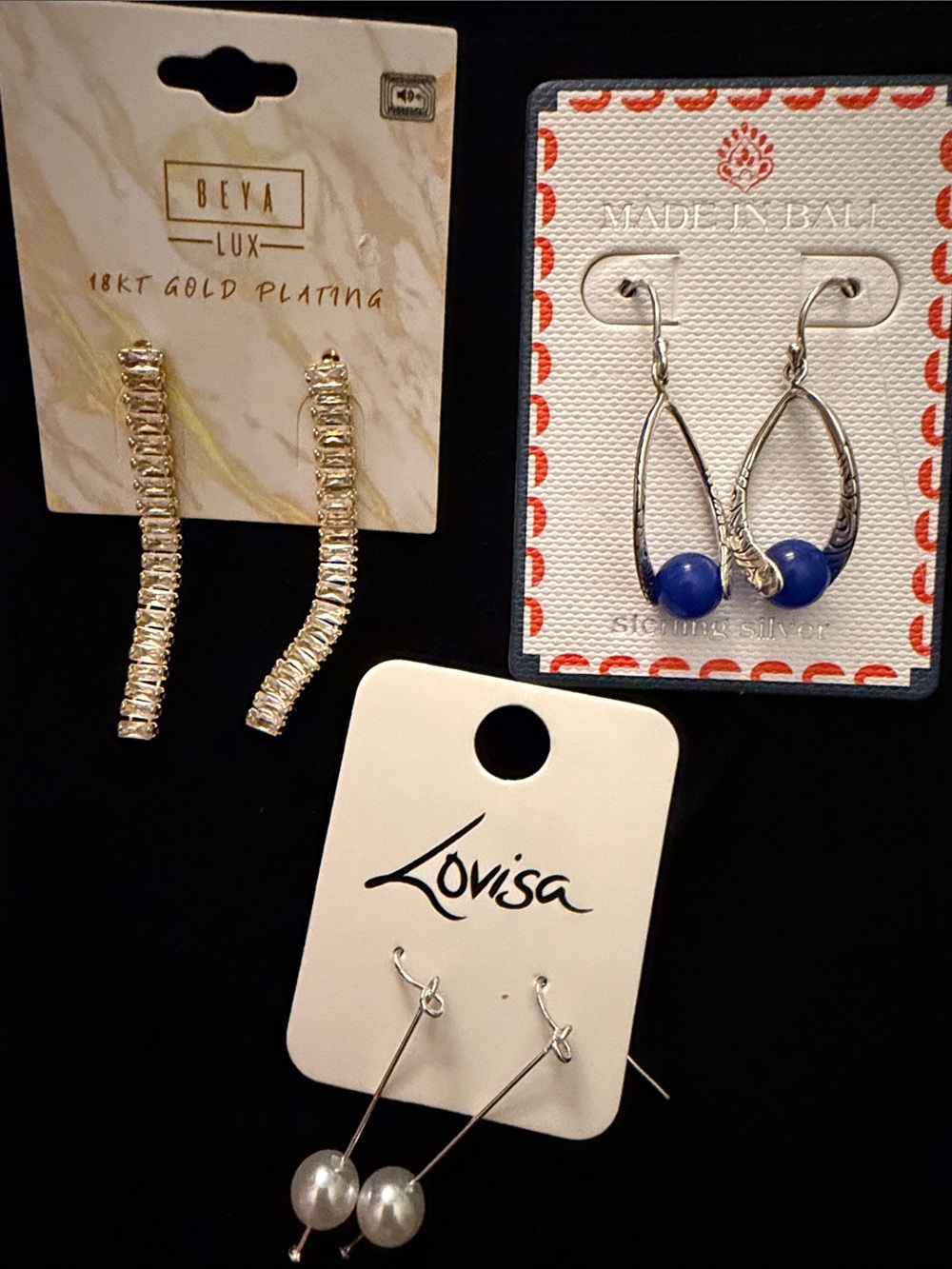 Gold-Plated Crystal Drop Earrings, Sterling Silver Blue Earrings, Pearl Earrings